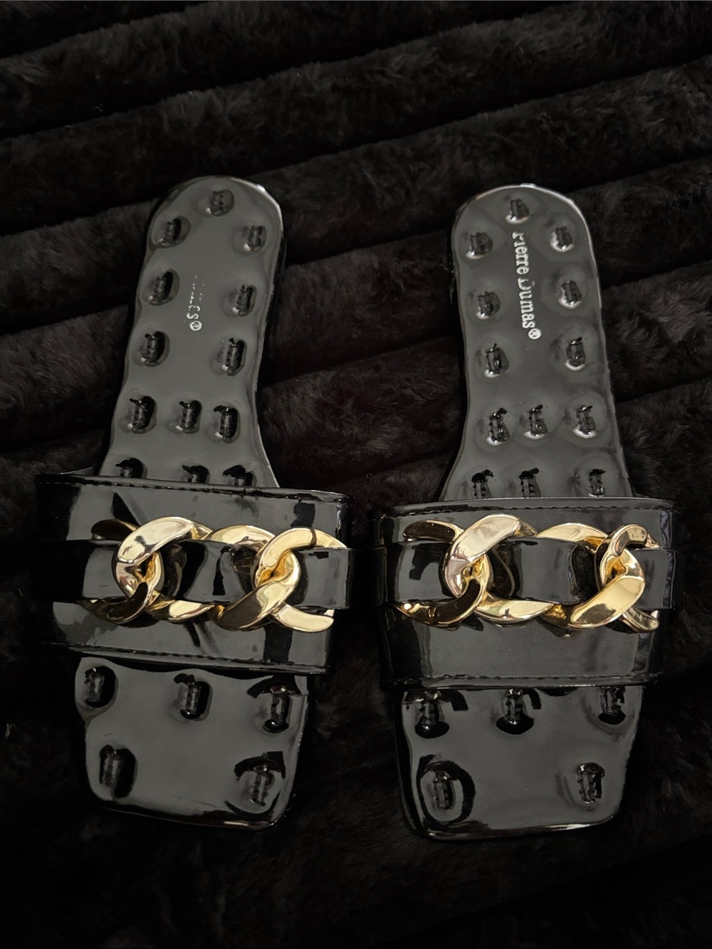 Pierre Dumas Black Patent Slide Sandals with Gold Chain